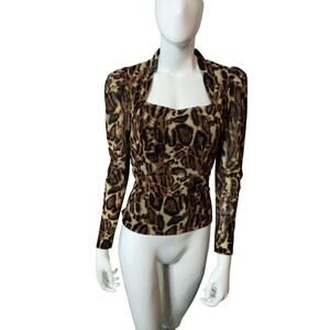 Y2K Women's S/M Shimmer Leopard Smoked Wild Stretchy Top Puff Sleeve‎ Festival